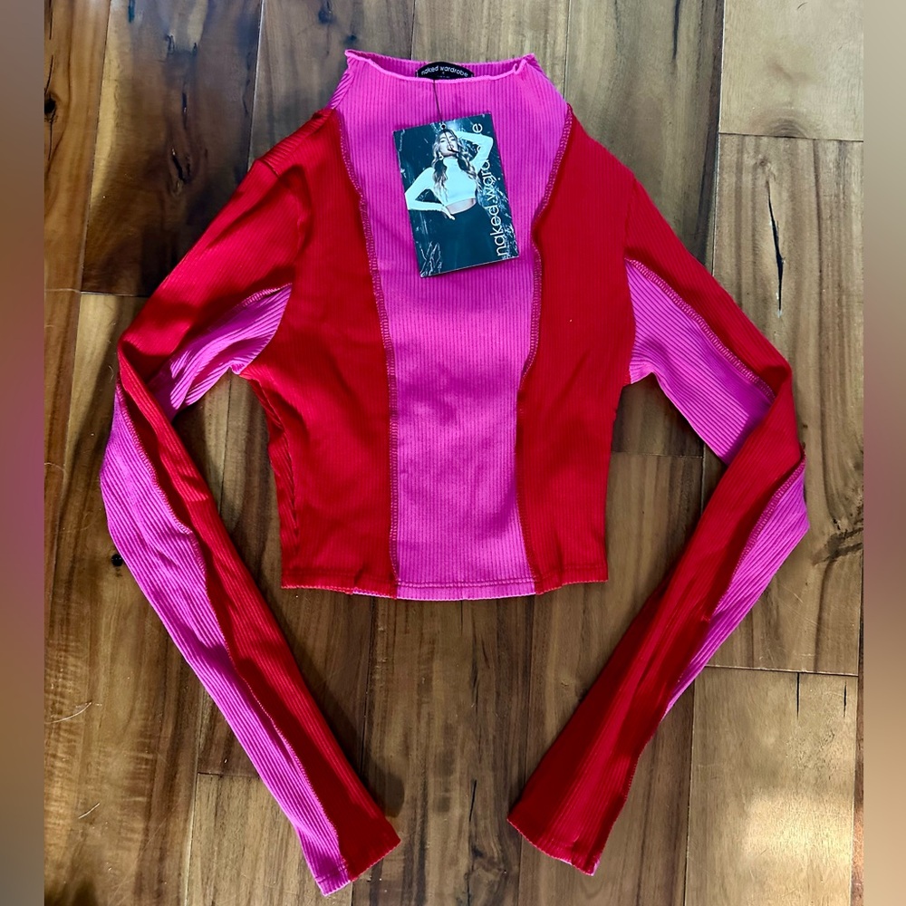 naked wardrobe Red & Pink Colorblock Ribbed Long Sleeve Crop Top - Picture 3 of 4